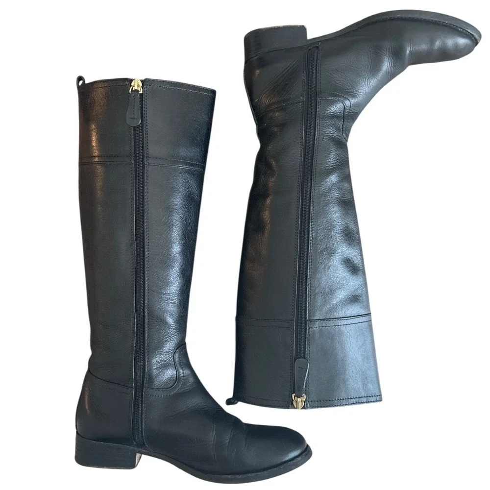 Tory Burch Kiernan Black Leather Riding Boots Gold Logo Knee High 7